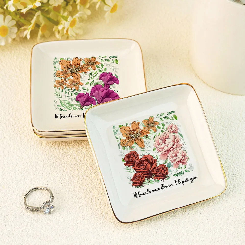 Sisters Besties In Bloom Birth Month Flowers - Personalized Jewelry Plate - Gift For Friends, Besties