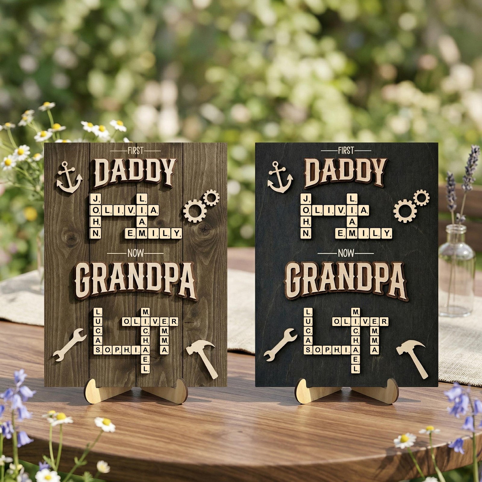Personalized Scrabble Family Name Sign, First Dad Now Grandpa Wooden Frame, Fathers Day Gift For Grandpa With Kids Name,Dad Puzzle Sign Gift