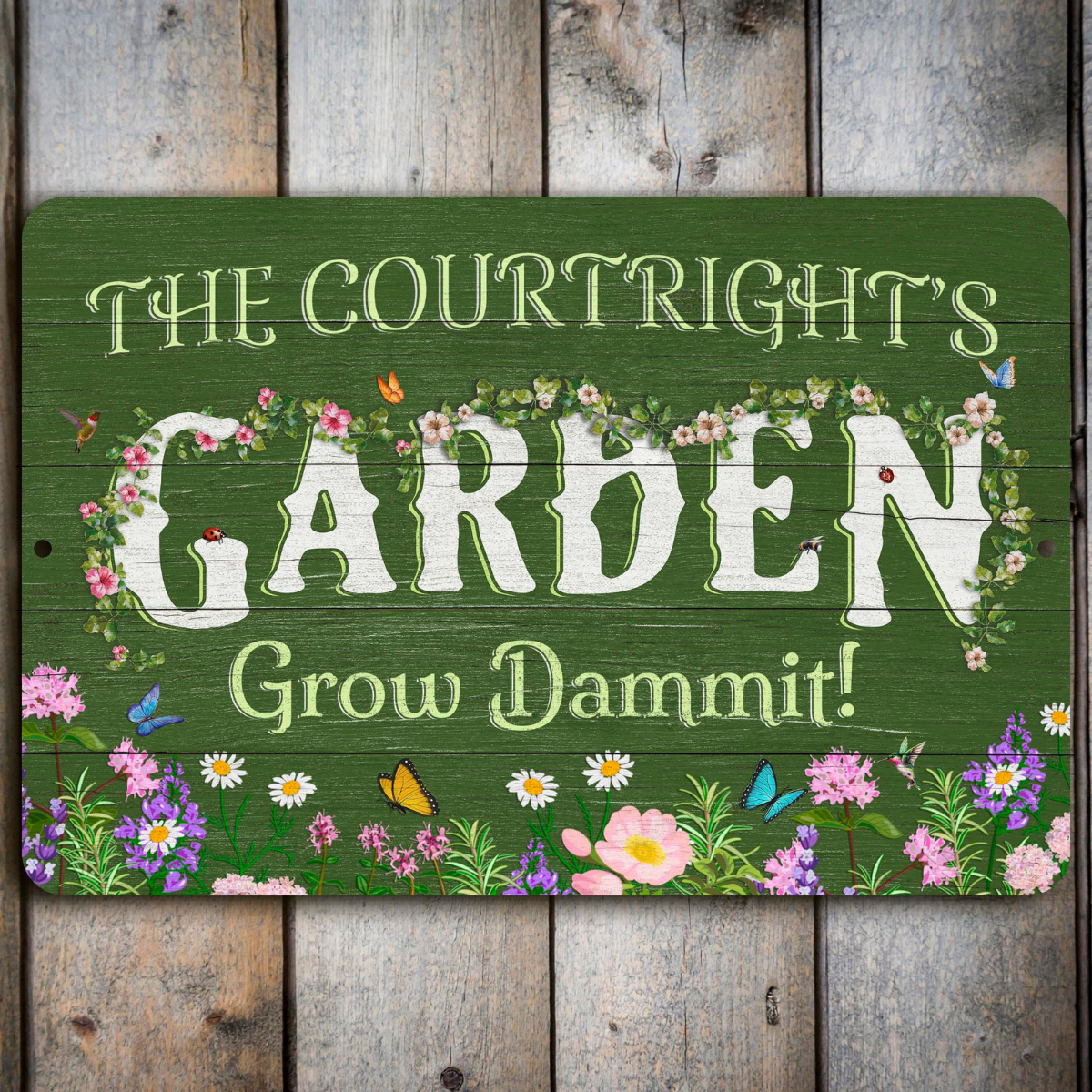 Personalized Flower Garden Sign, Weathered Wood Design, Metal Garden Decor