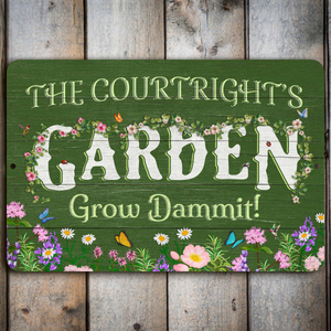 Personalized Flower Garden Sign, Weathered Wood Design, Metal Garden Decor