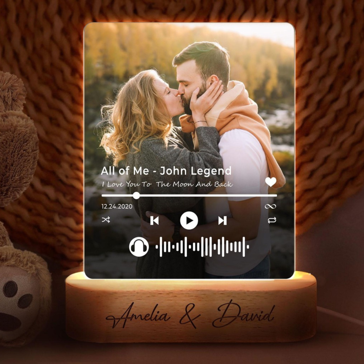 Custom Your Favorite Song Upload Full Photo - Personalized 3D LED Light Wooden Base - Gift For Couple