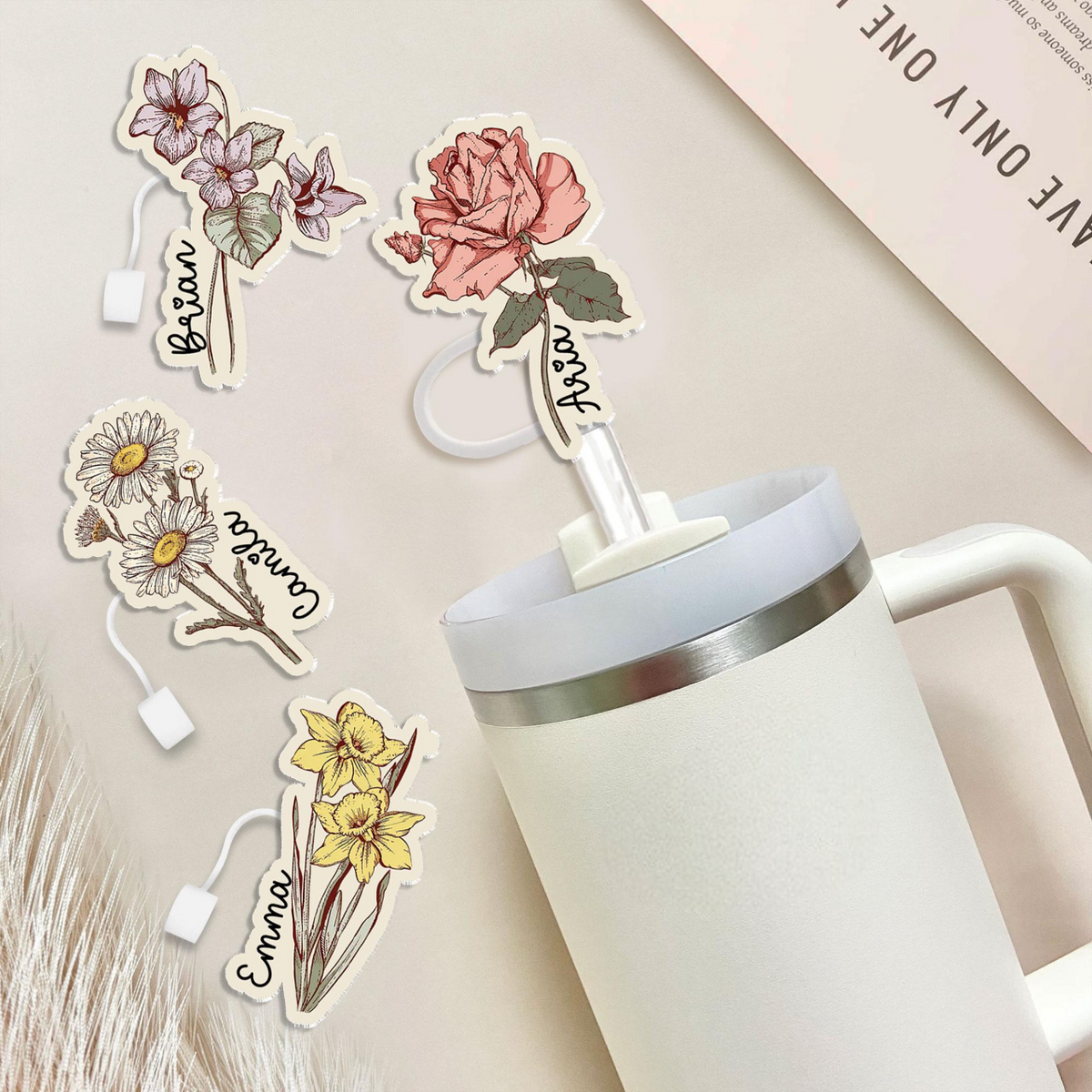 Personalized Birth Month Flower Straw Stopper, Custom Straw Cover With Name, Accessories Gift For Mom Grandma Sister Bestie