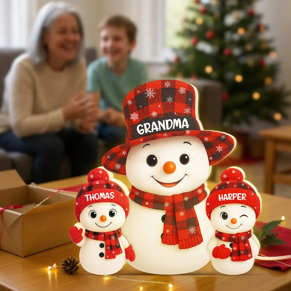 Christmas Checkered Pattern Grandma Mom Snowman - Personalized Acrylic Light Box - Christmas Gift For Grandmas