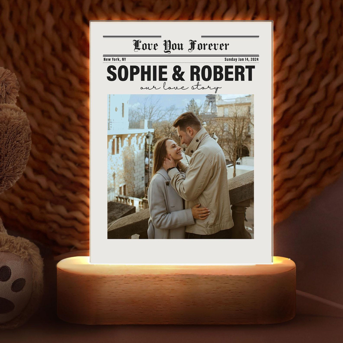Personalized Couple Newspaper Acrylic Plaque, Valentines Day Gift, Custom Photo Collage Night Light, Gifts For Him, Her, Anniversary Gifts