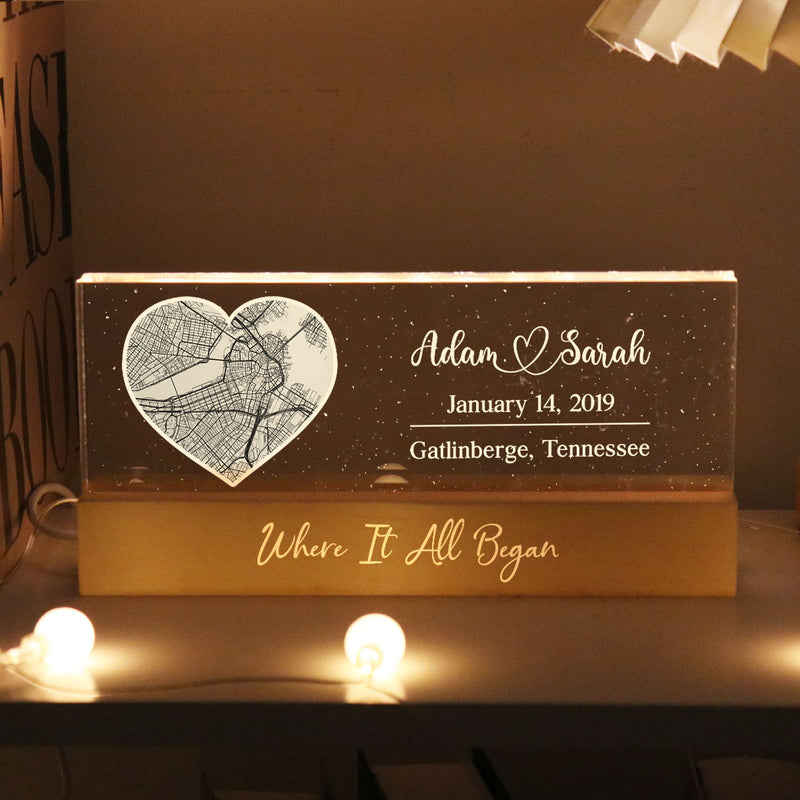 Where It All Began Couple Location, Personalized LED Light Wooden Base, Engagement Gift, Anniversary Gift, Heartfelt Keepsake For Couples