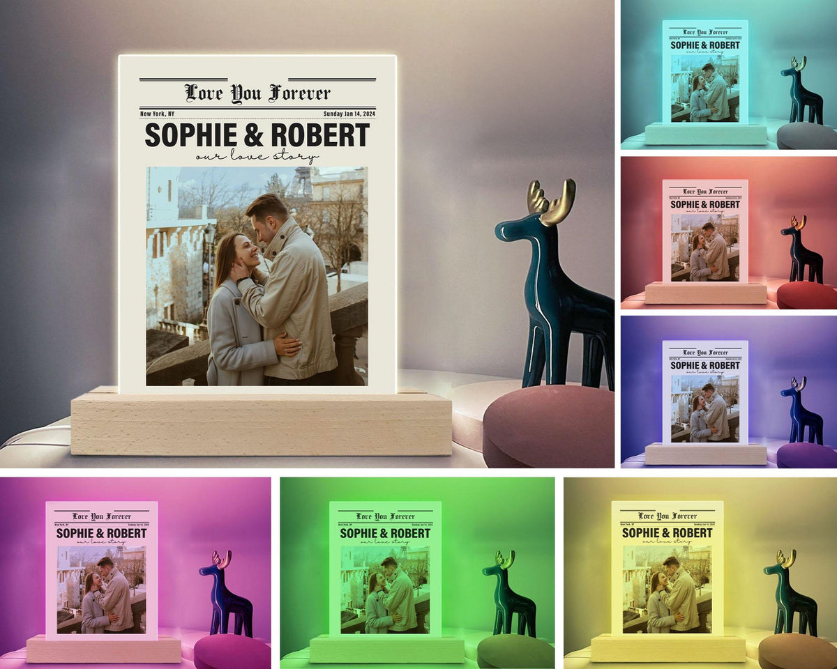 Personalized Couple Newspaper Acrylic Plaque, Valentines Day Gift, Custom Photo Collage Night Light, Gifts For Him, Her, Anniversary Gifts