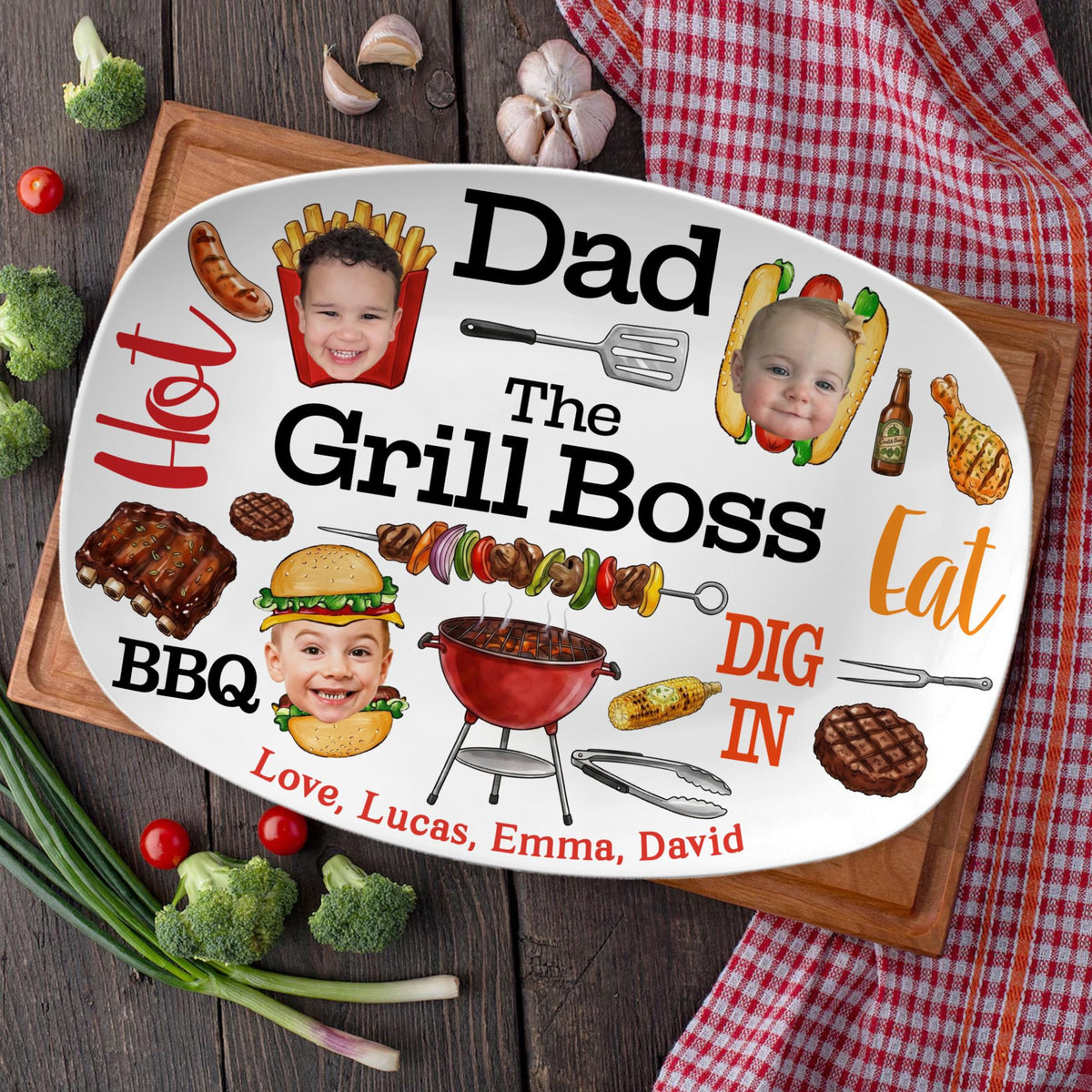 Personalized Dad Grilling Platter with Kids Faces, Funny Kids Face Platter, BBQ Dad Gift, The Grill Boss Plate, Fathers Day Gift for Husband