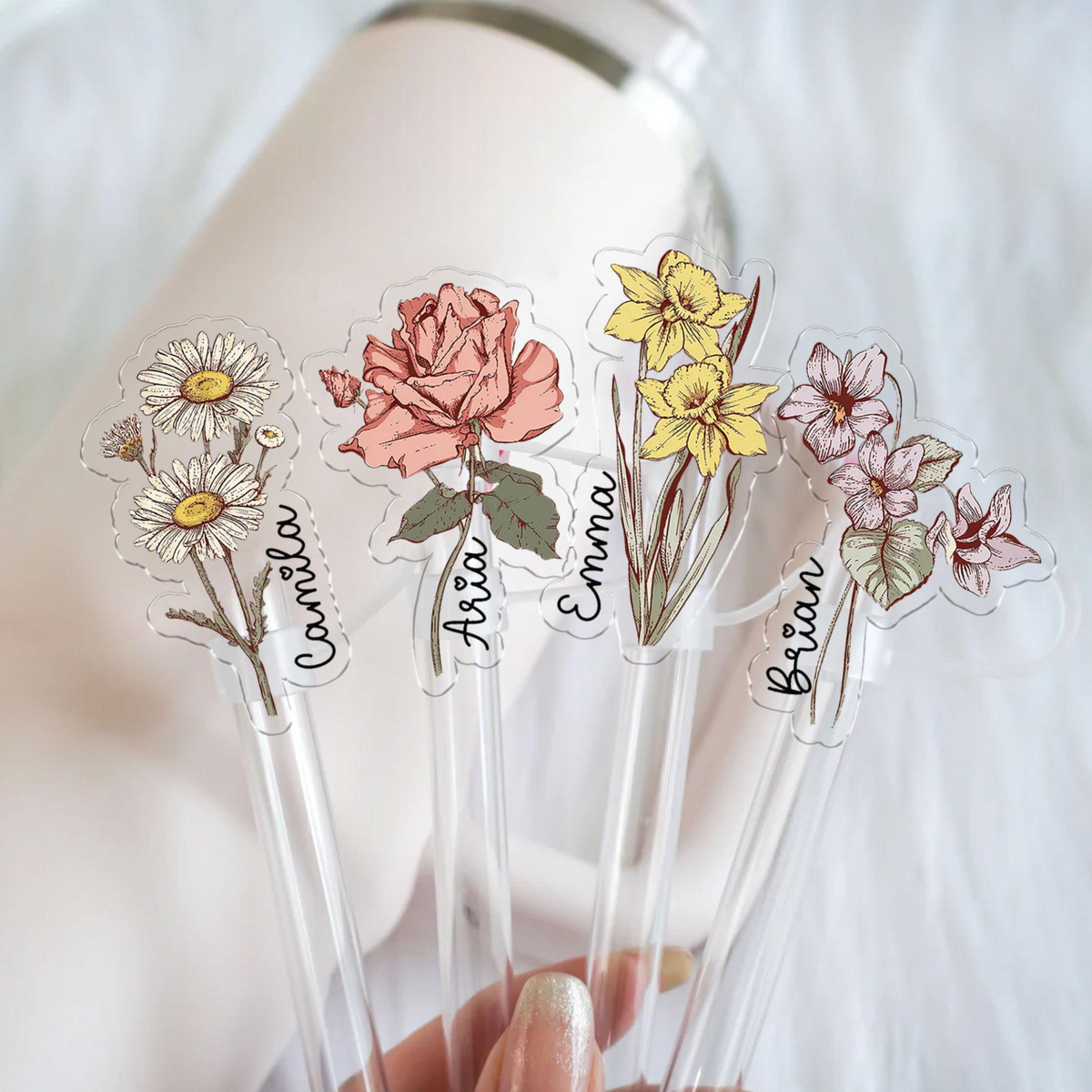Personalized Birth Month Flower Straw Stopper, Custom Straw Cover With Name, Accessories Gift For Mom Grandma Sister Bestie