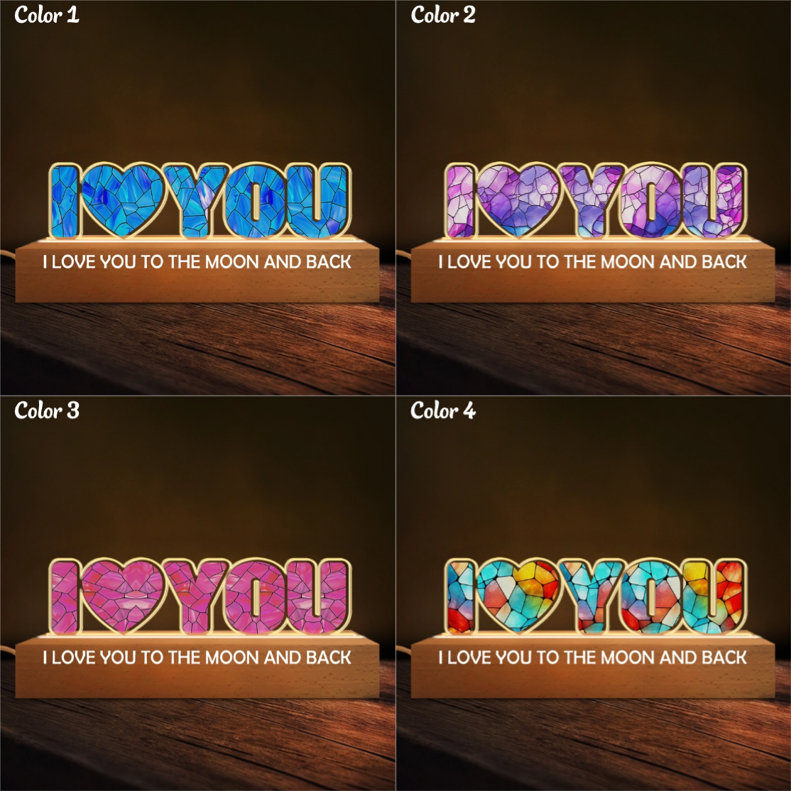 I Love You To The Moon & Back Mosaic Pattern - Personalized 3D LED Light Wooden Base - Gift For Couple, Anniversary Gift