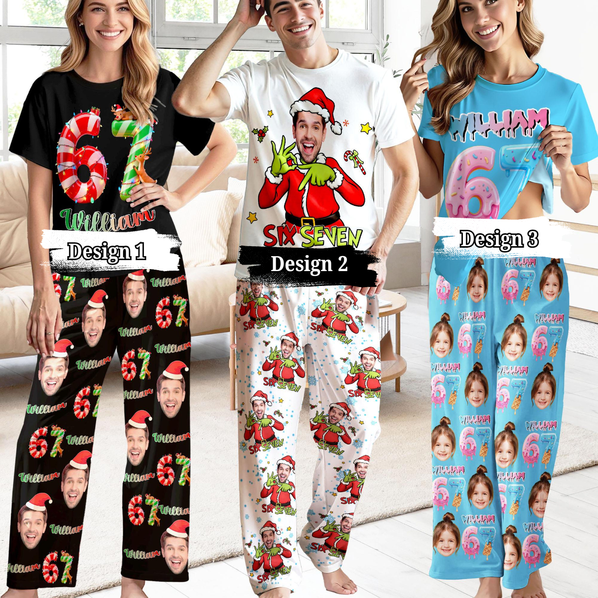 Custom 67 Meme Pajamas Pants, Personalized Photo Christmas Pants