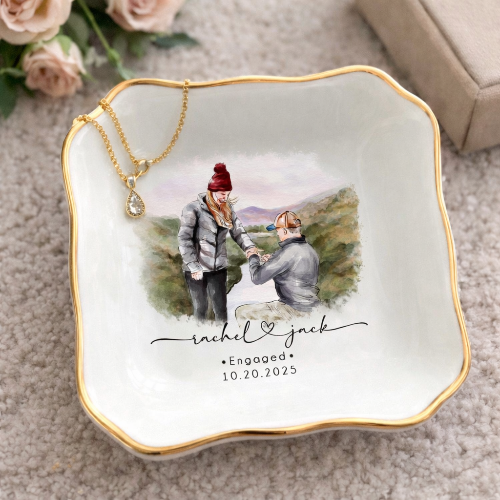 Custom Couple Portrait Ring Dish, Engagement Gift, Engaged Jewelry Tray, Handmade Personalized Couple Photo Ring Holder, Engagement Keepsake