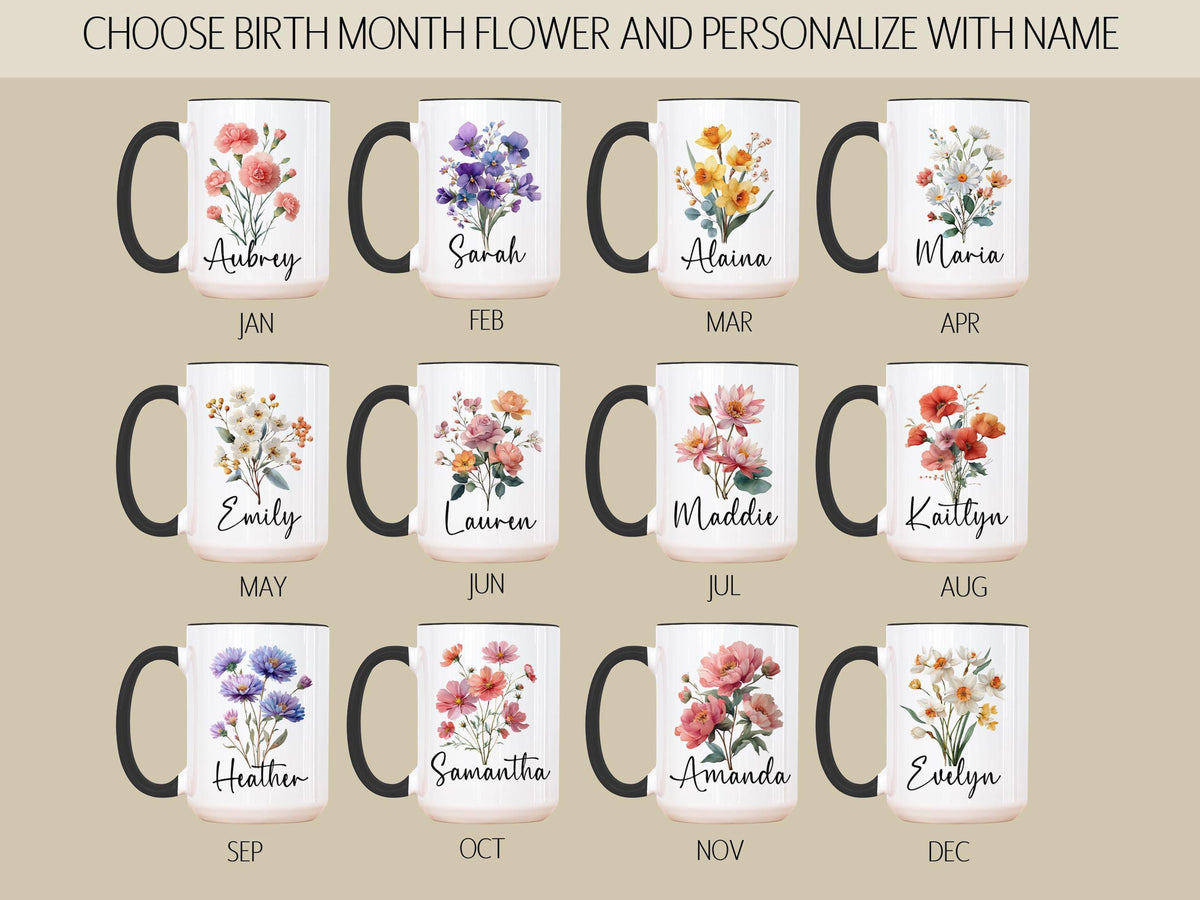 Custom Birth Flower Coffee Mug, Personalized Birthflower Cup with Name, Wildflower Birthday Mugs