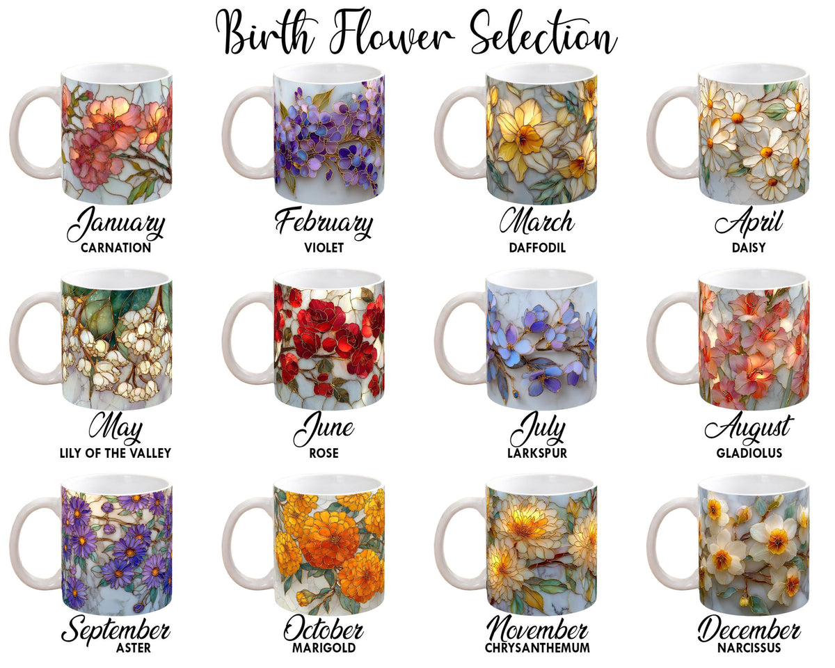 Personalized Birth Flower Coffee Mug, Custom Stained Glass Style Floral Coffee Mug,Birth Month Flower Cup,Aesthetic Ceramic Mug Gift for Mom