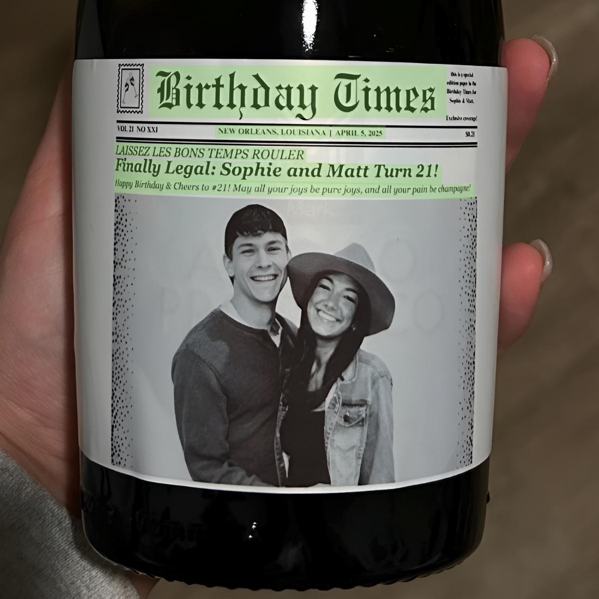 Personalized Birthday Gift, Graduation, Bachelorette, Bottle Labels for Wine, Champagne, Times Newspaper Photo