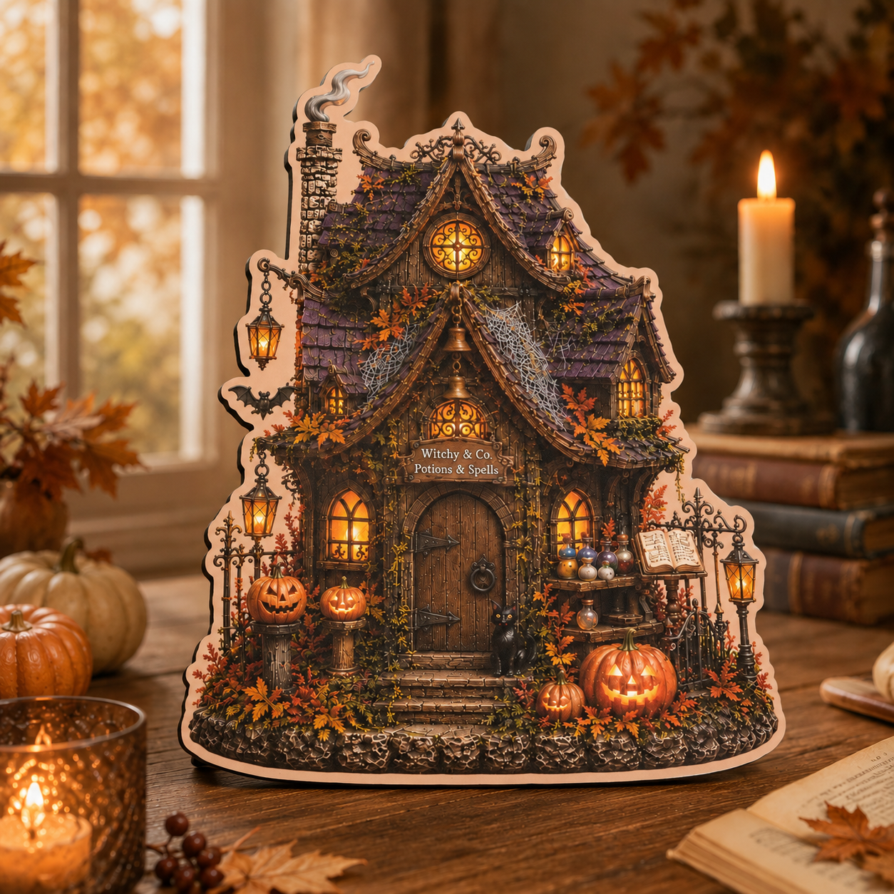 Halloween Haunted House Family Name Wooden Block, Personalized Spooky Cottage, Gothic Pumpkin Ghost Display, Witchy Mantel Decoration