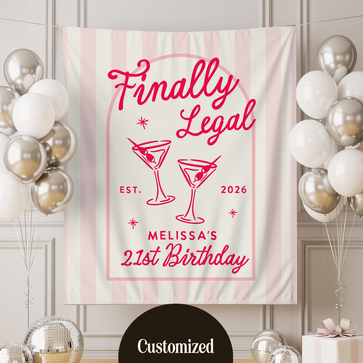 Custom 21st Birthday Banner Decor, Cheers To 21 Years Legal Club, Happy Birthday Party Photo