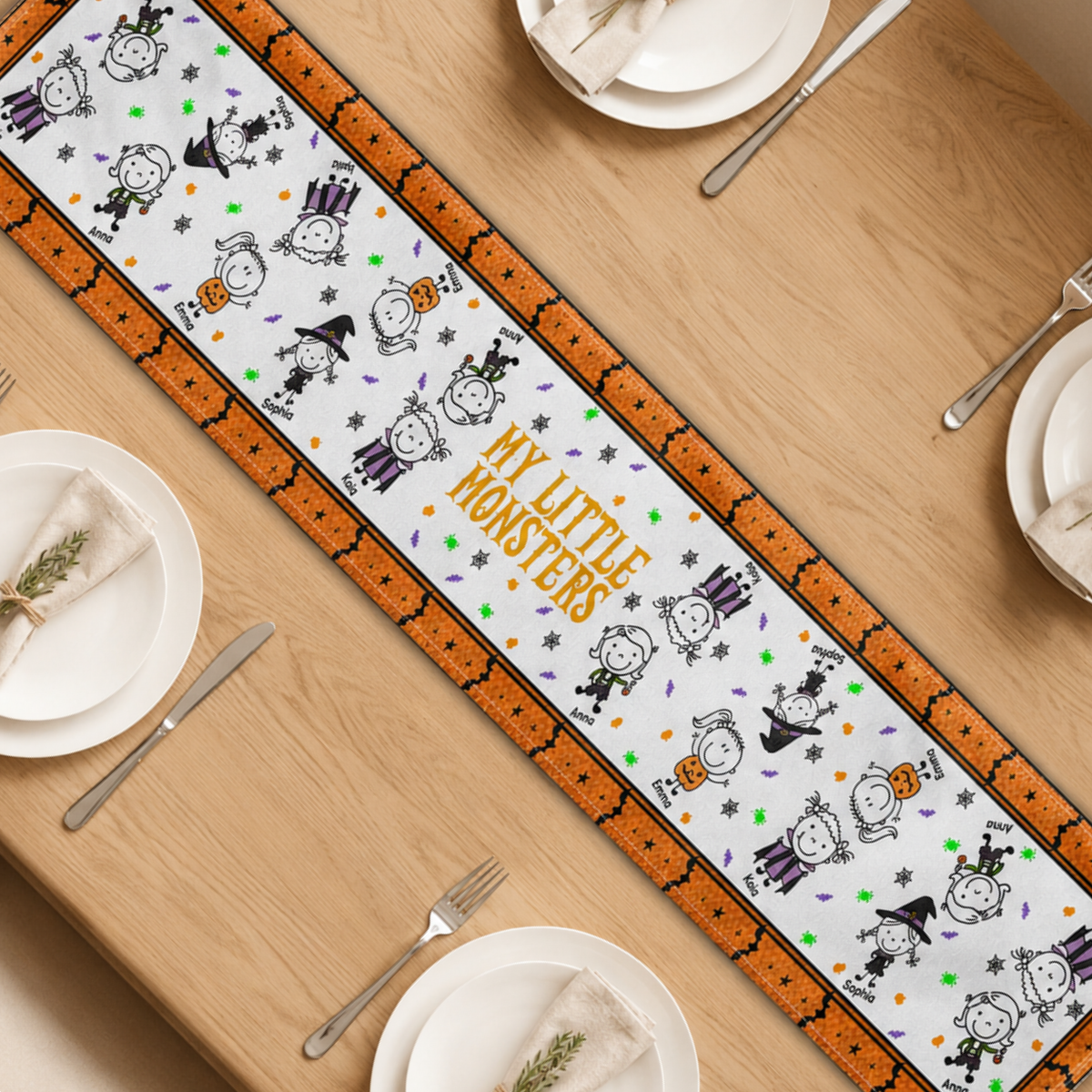 Our Little Monsters Halloween Doodle - Personalized Table Runner - Halloween Decoration, Gift For Family