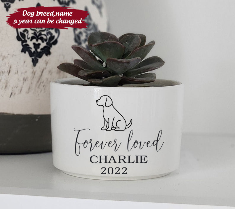 Personalized Dog Memorial Gift Planter - White Ceramic Pot w/ Bamboo Tray - Forever Loved - Dog Sympathy Gift - Pet Memorial Customize With Dog Breed
