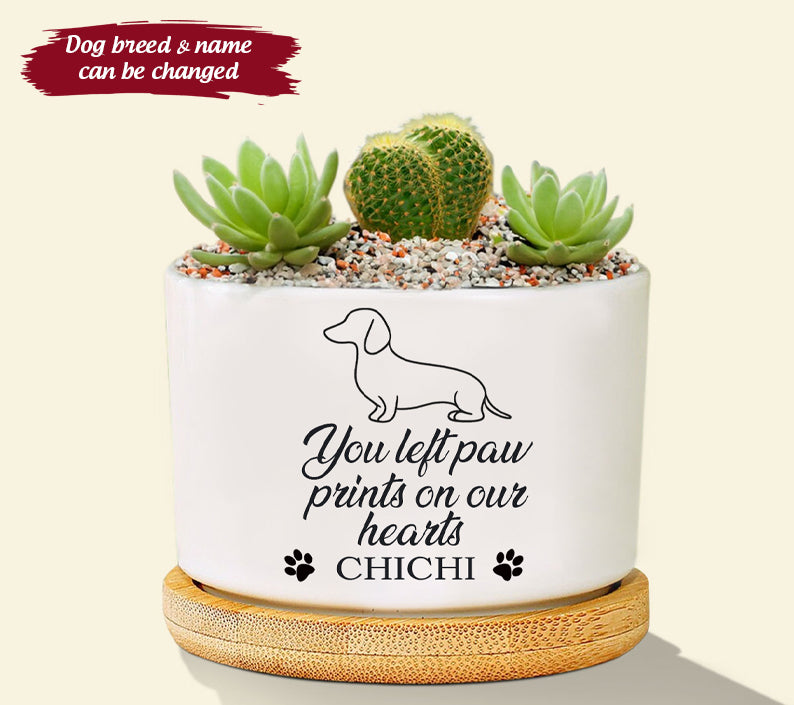 You Left Paw prints On Our Hearts Personalized Dog Memorial Gift Planter,Pet Memorial Gift Plant Pot,Custom Flower Pot with Bamboo Tray,Loss of Dog