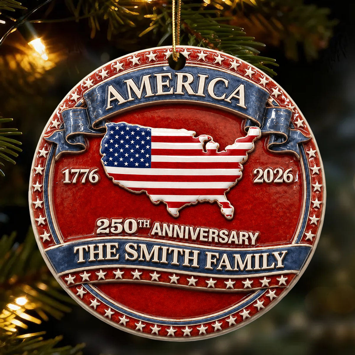 America 250th Anniversary Christmas - Proud Family Ornament - Real 3D Raised Ornament