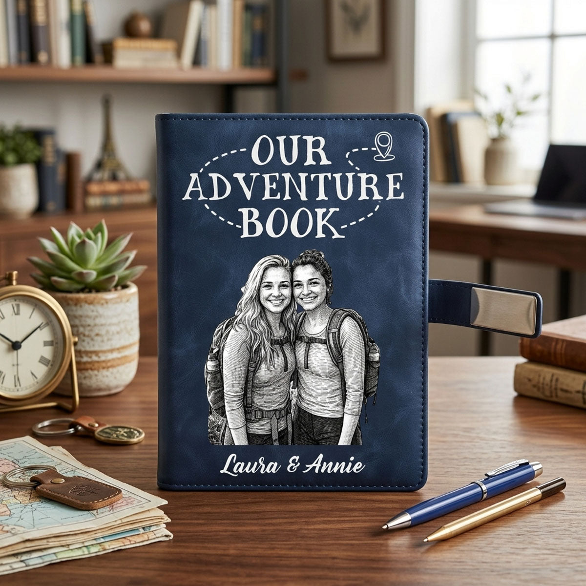 Custom Photo Bold Sketch All My Travel Crap Woman Man Portrait - Personalized Leather Notebook Pen Set