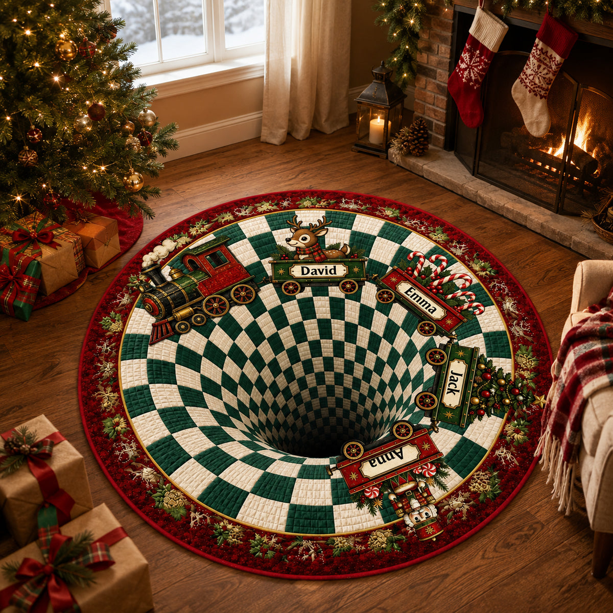 Christmas Train Family - 3D Round Rug, Floor Mat, Xmas Home Decor, Christmas Gift