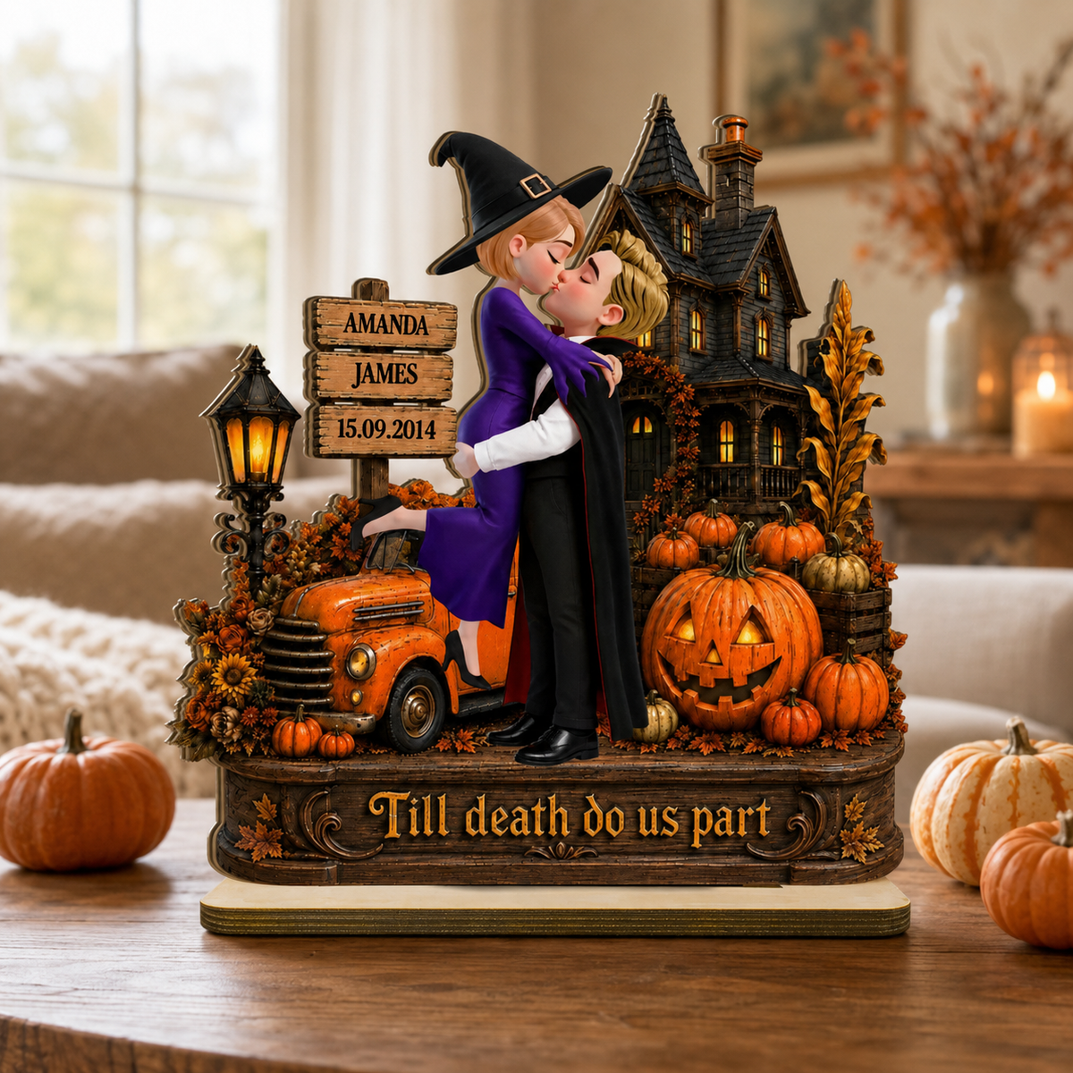Couple Halloween Haunted House - Personalized Wooden Plaque - Halloween Decor Keepsake for Her, for Him