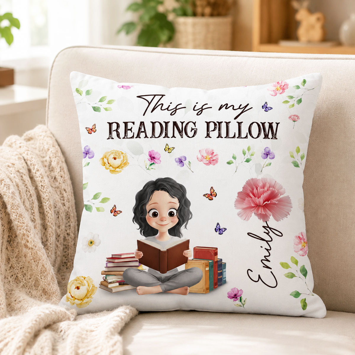Custom Flower Pillow - Personalized Bookish Gifts For Book Lovers, Bookworms, Readers - Reading Is My Therapy