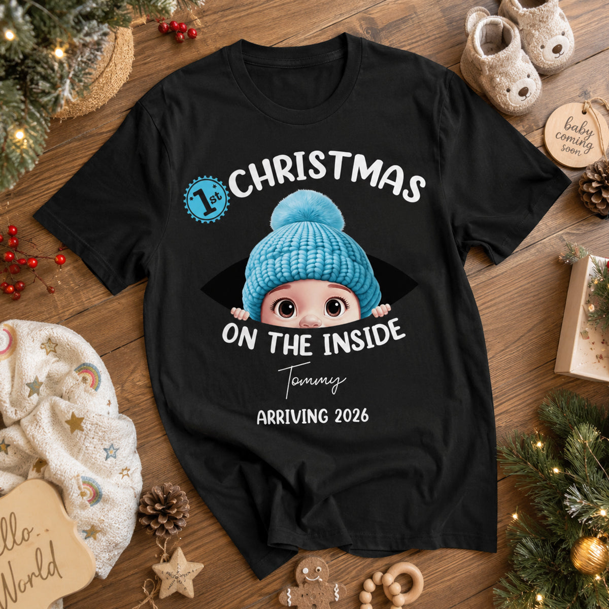 Baby First Christmas On The Inside With Mom - Personalized T Shirt