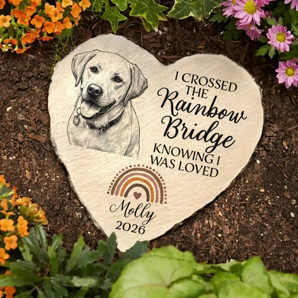 Custom Photo Pencil Sketch I Crossed The Rainbow Bridge Knowing I Was Loved - Personalized Heart Memorial Garden Stone