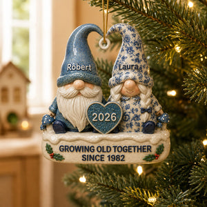 Vintage Floral Toile De Jouy Pattern Gnome Couple - Real 3D Raised Ornament