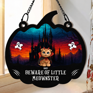 Beware Of Little Meownsters - Personalized Window Hanging Suncatcher Ornament - Halloween Gift For Family, Gift For Cat Lovers