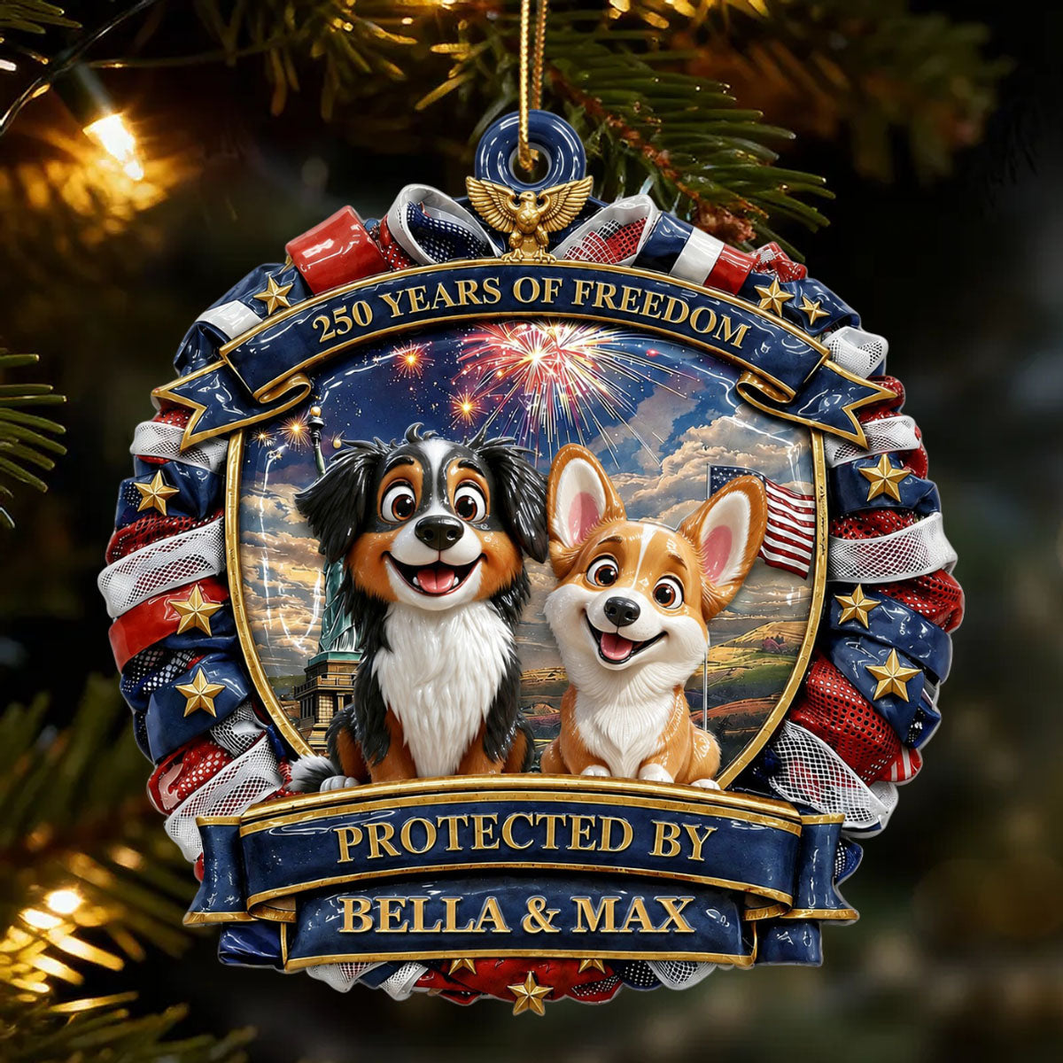 America Dog Lovers 250 Ornament - Patriotic Family Ornament - Real 3D Raised Ornament