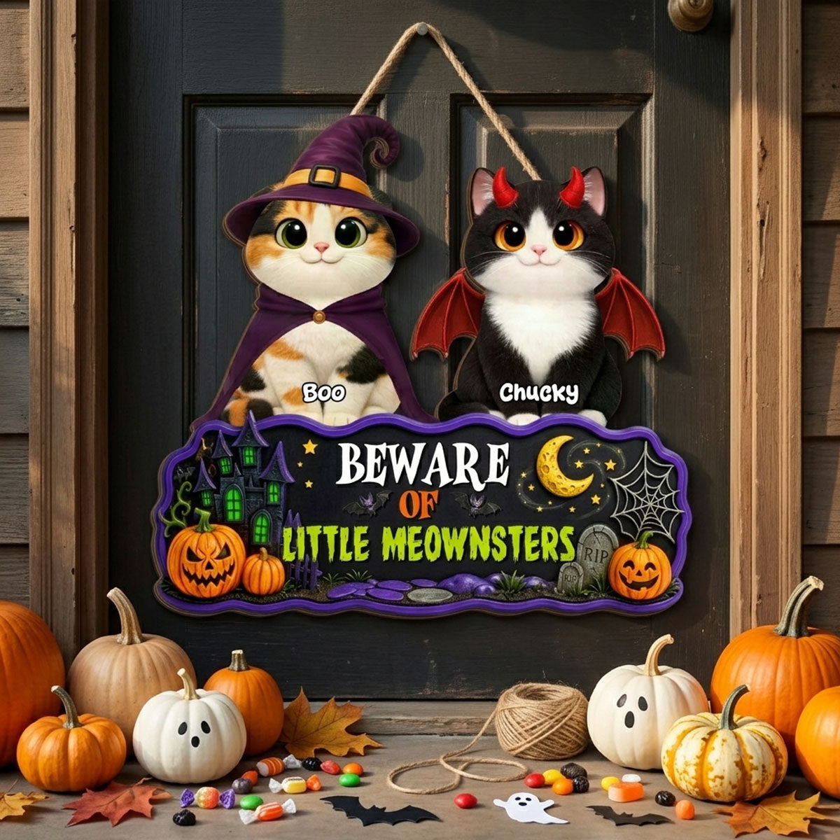 Spooky Halloween Beware of Little Cats Meownsters - Personalized Wood Sign - Halloween Gift For Cat Lovers, Halloween Decor