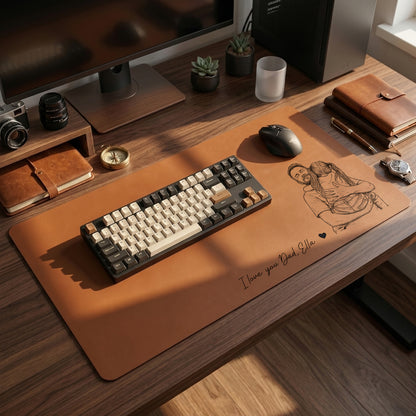 Personalized Leather Desk Mat from Photo, Custom Line Art Mouse Pad for Dad, Father s Day Gift for Husband, Daddy Picture Desk Pad Mouse Mat