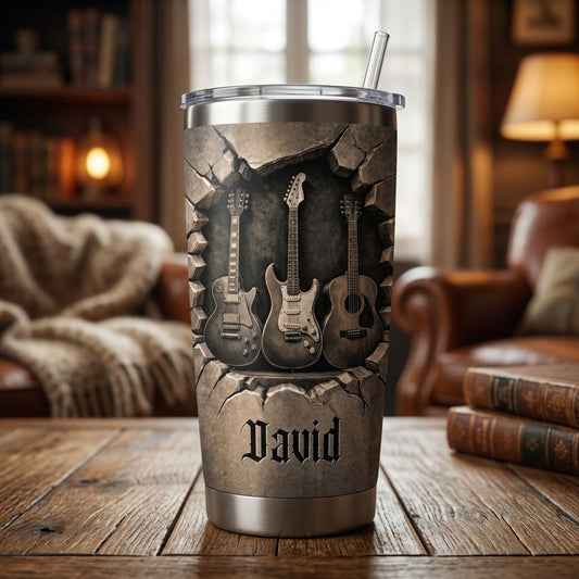 Personalized Guitar Tumbler Custom Name 3D Rock Wall Stainless Steel Travel Mug
