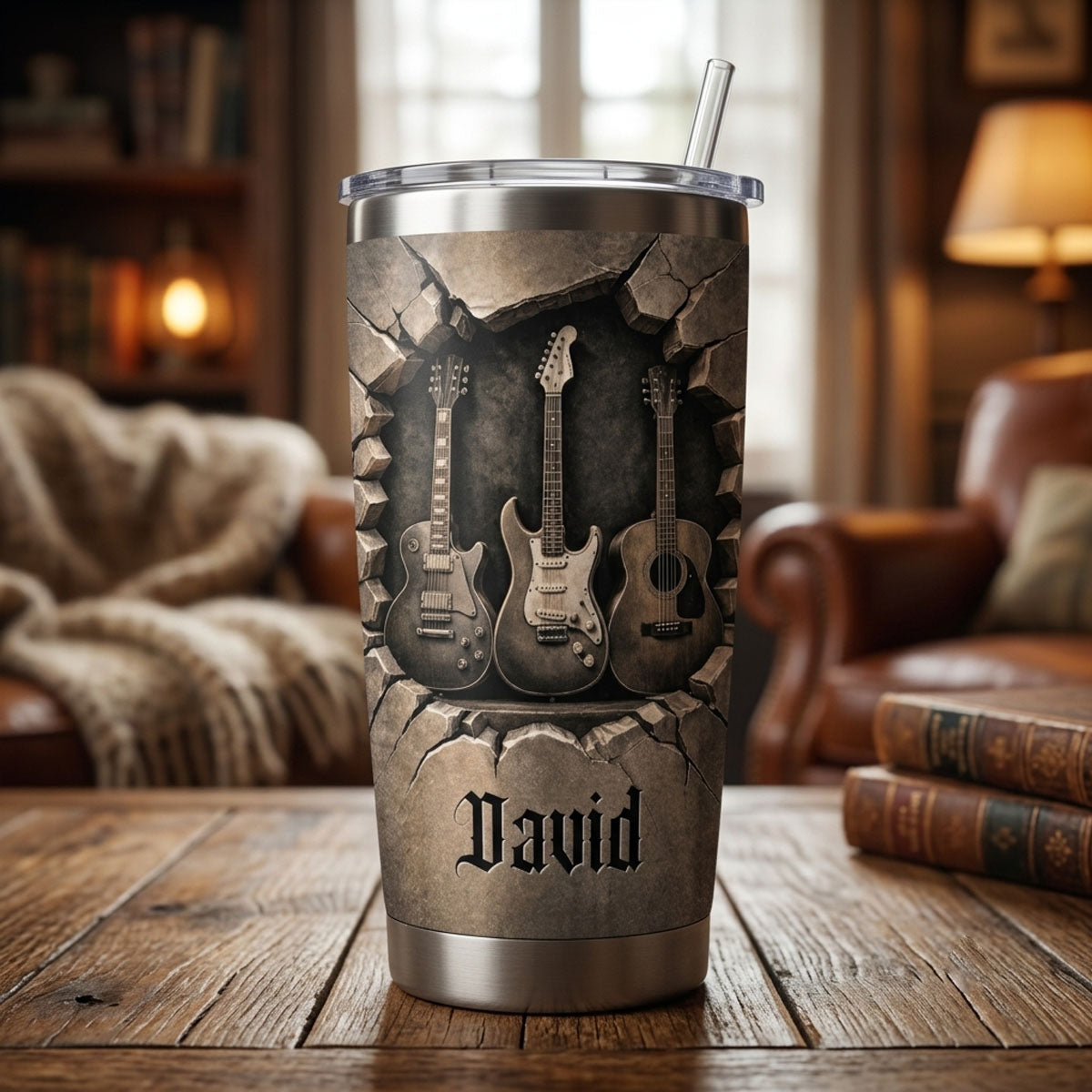 Personalized Guitar Tumbler Custom Name 3D Rock Wall Stainless Steel Travel Mug