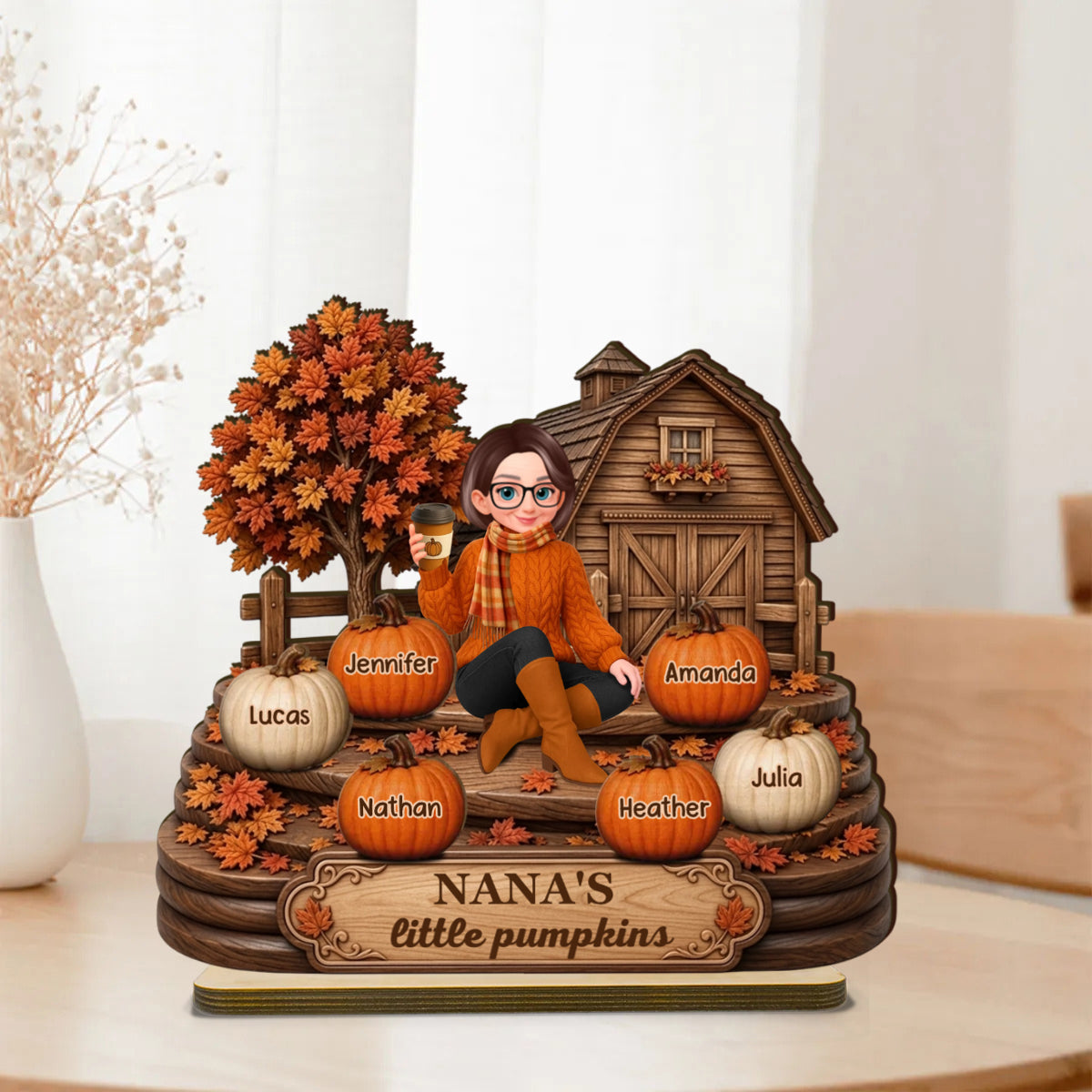 Fall Season Cozy Warm Farmhouse Style Grandma's Little Pumpkins - Personalized 2-Layered Wooden Plaque - Fall Decor For Grandma