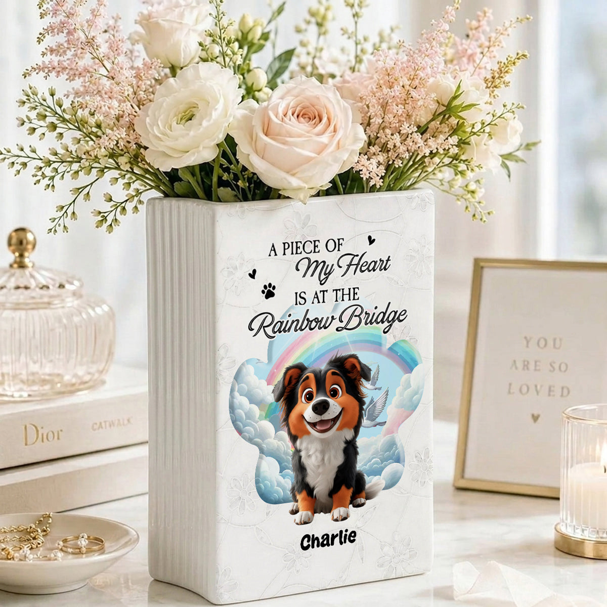 A Piece Of My Heart Is At The Rainbow Bridge - Personalized Ceramic Book Vase