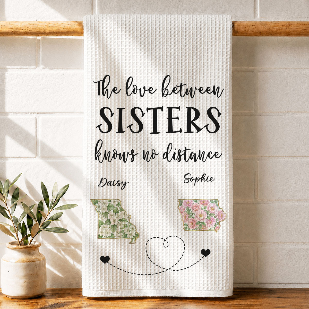 The Love Between Us - Personalized Name Waffle Weave Kitchen Towel, Housewarming Gift