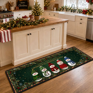 Cozy Snowman Family Runner Rug, Personalized Holiday Kitchen Mat, Home Xmas Gift