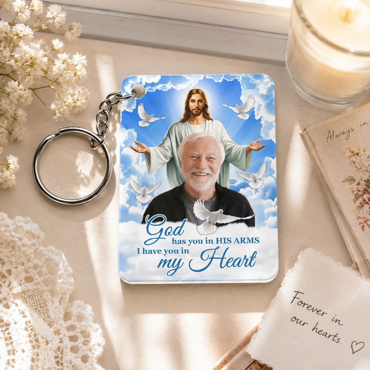 God Has You In His Arms Sky Memorial Sympathy Gift Remembrance Keepsake Photo Inserted Personalized Acrylic Keychain