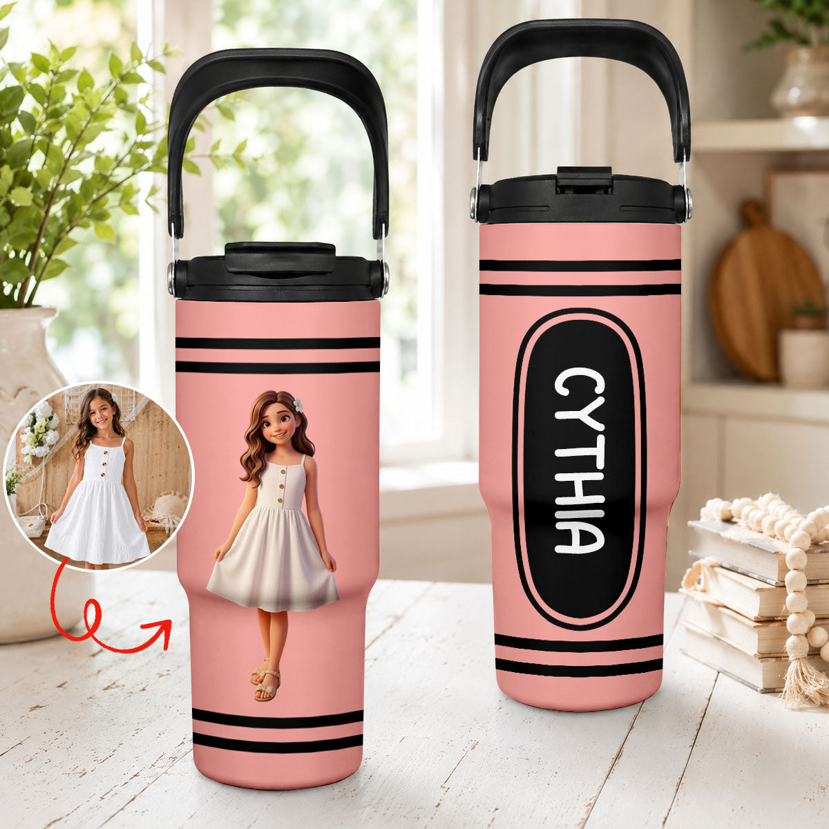Custom Photo Cartoon Portrait Kid With Colorful Crayons - Personalized Insulated Water Bottle