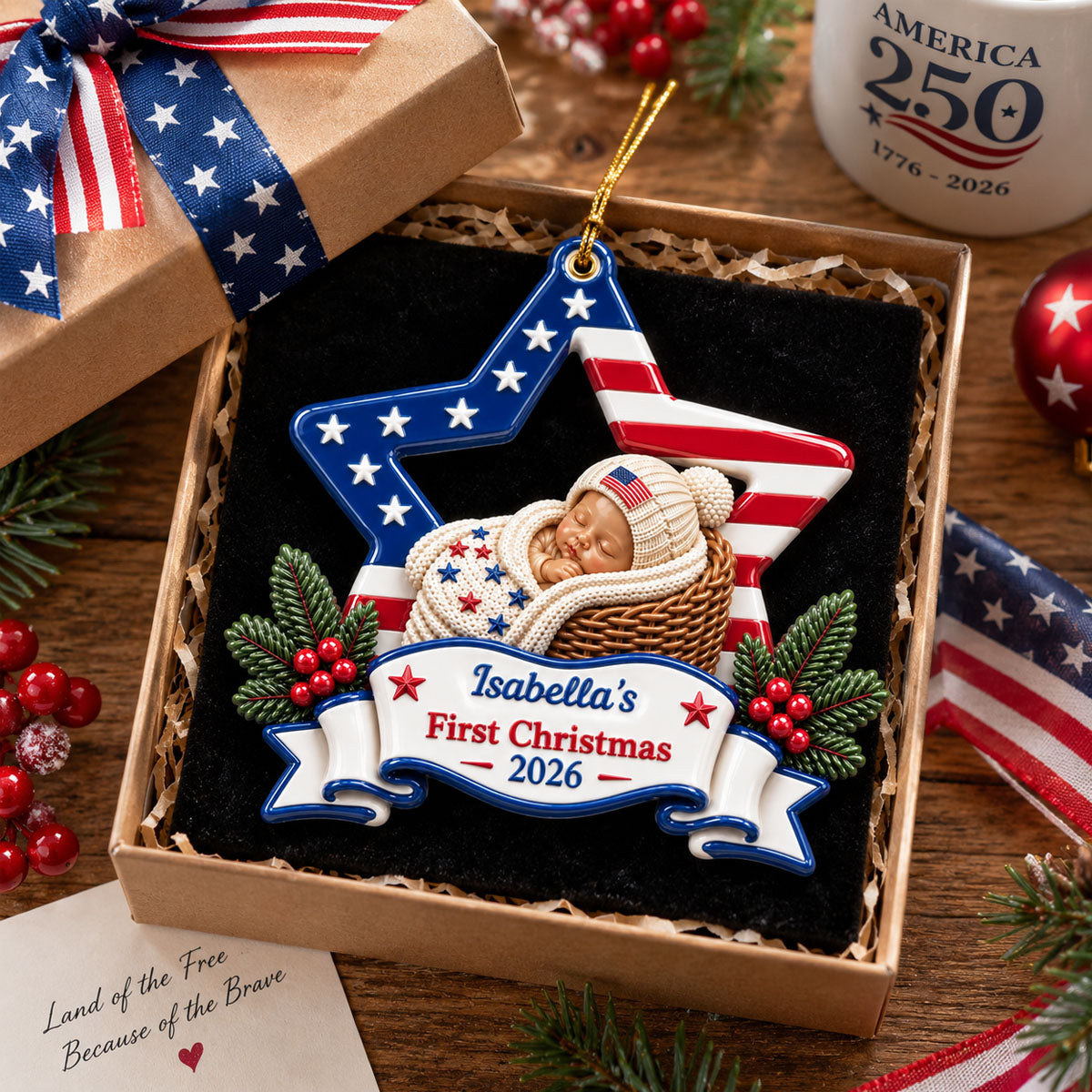America 250 Star Christmas Love - Real 3D Raised Ornament
