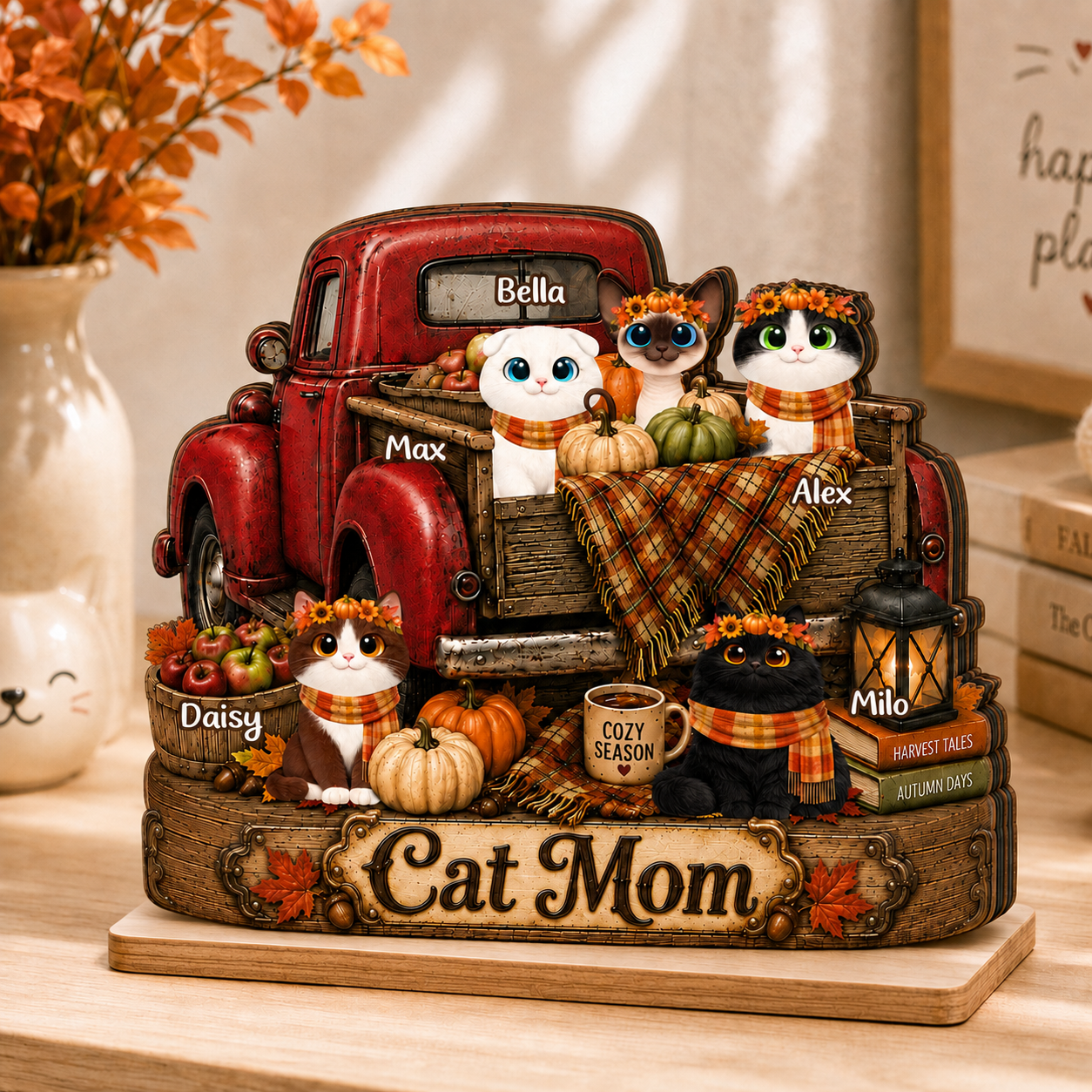 Vintage Fall Truck Cats Wonderful Time - Personalized Wooden Plaque - Fall Season Decor Gift, Gift For Cat Lovers