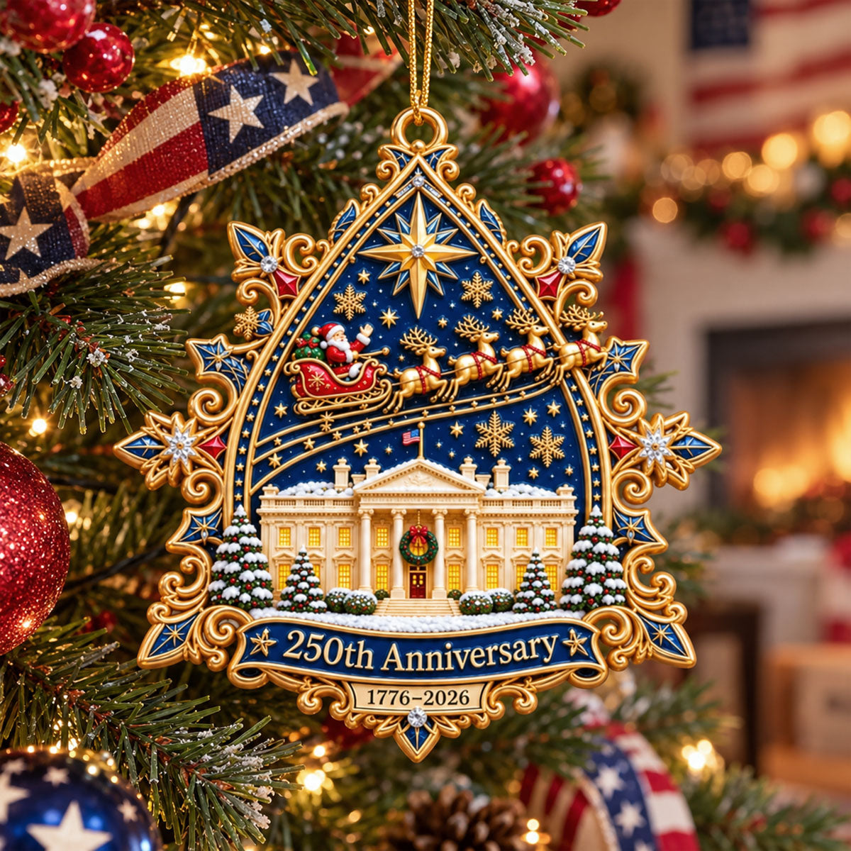 250Th Anniversary Santa Flying Over - Realistic 3D Ornament