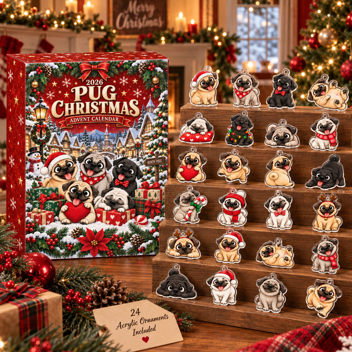 Christmas Pug Advent Calendar 2026 - 24 Day Spirits Countdown, Acrylic Charms Blind Box - Gift For Family