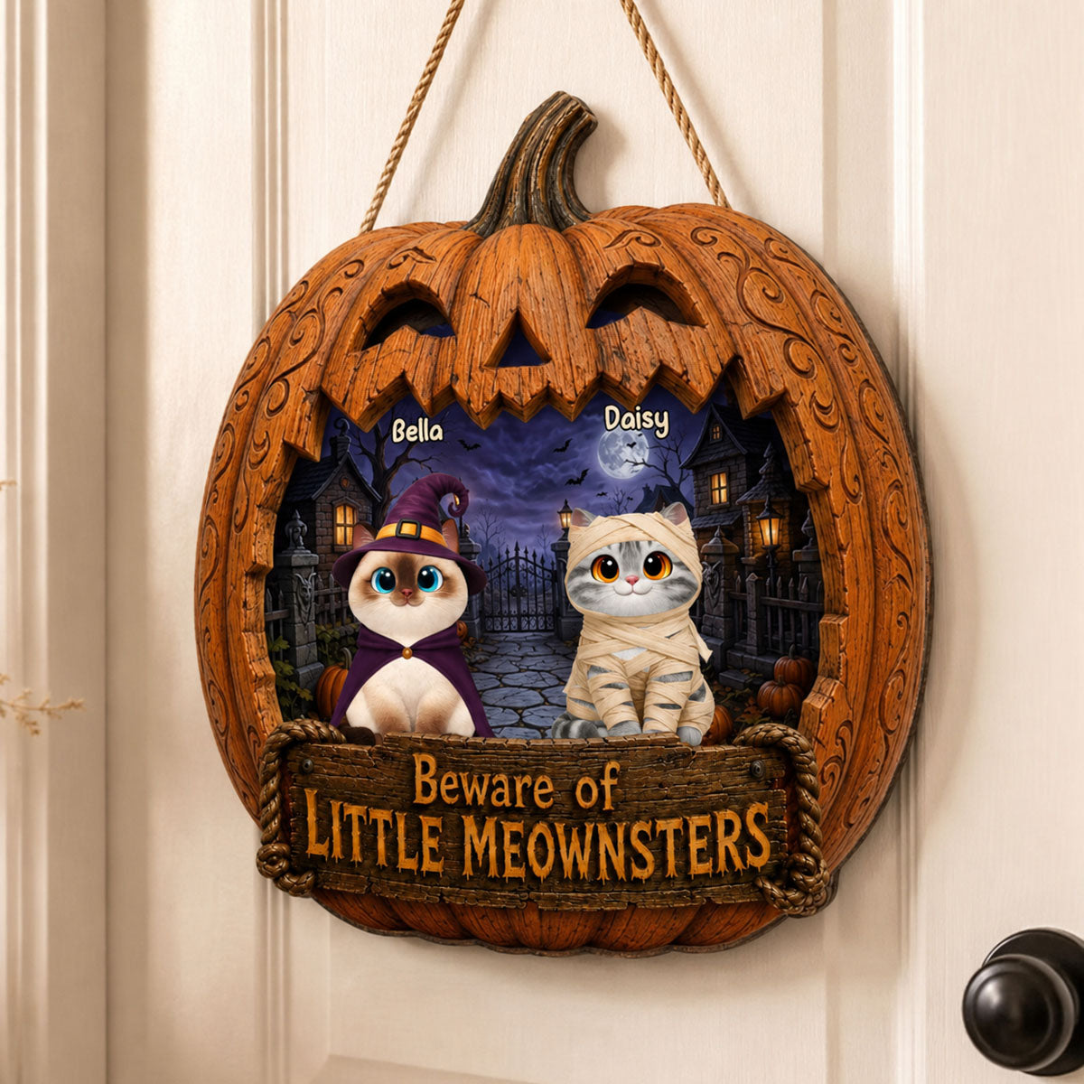 Spooky Halloween Pumpkin Cats - Personalized Wood Sign - Halloween Decor For Cat Lovers