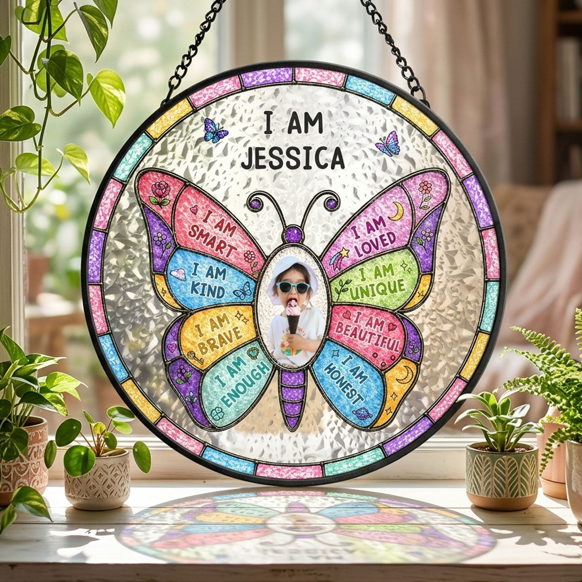 Custom Photo I Am Smart Kind Brave Butterfly Flower Rainbow - Personalized Stained Glass Window Hanging Suncatcher