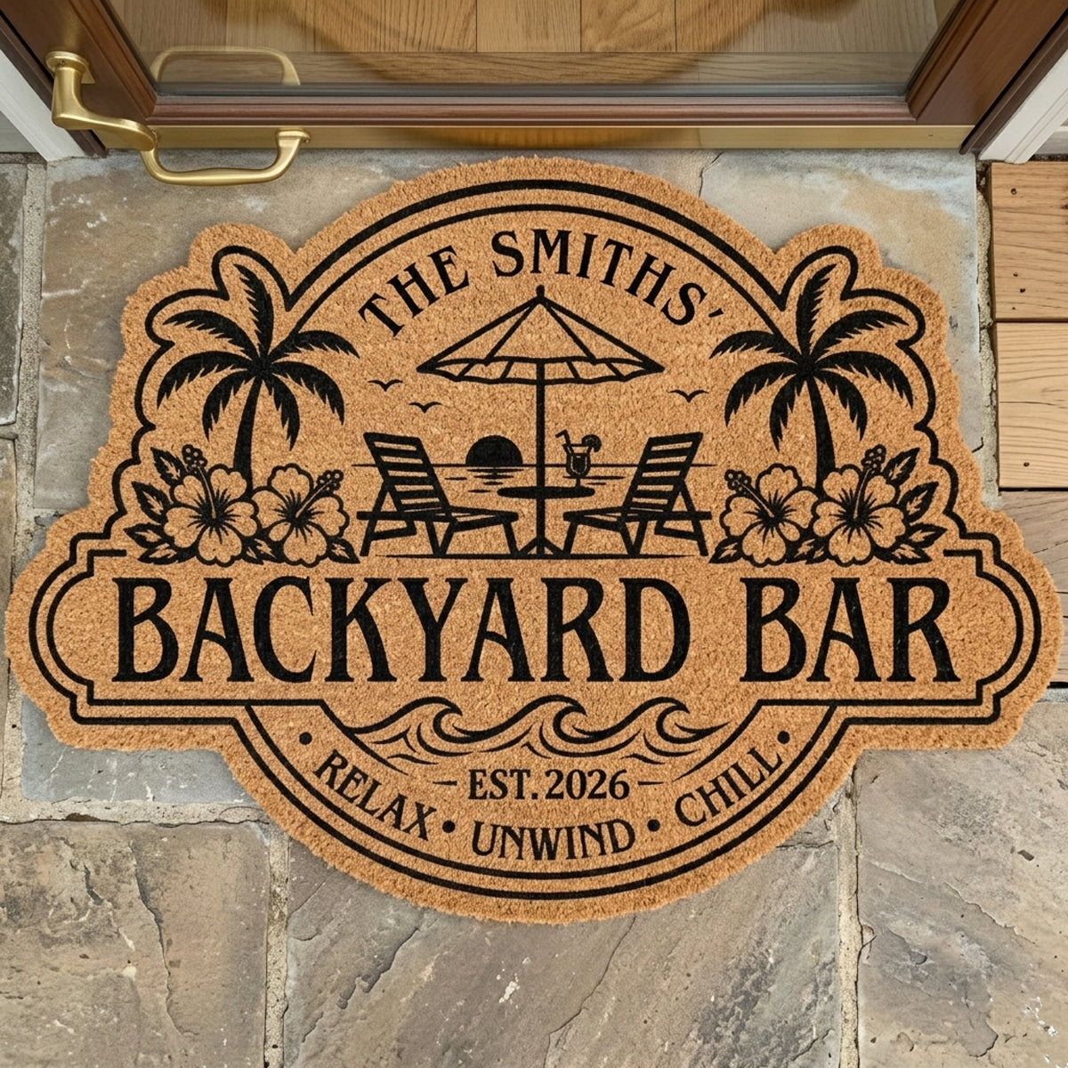 Welcome To Our Happy Place - Custom Poolside Shaped Doormat - Personalized Summer Vacation And Travel Gifts